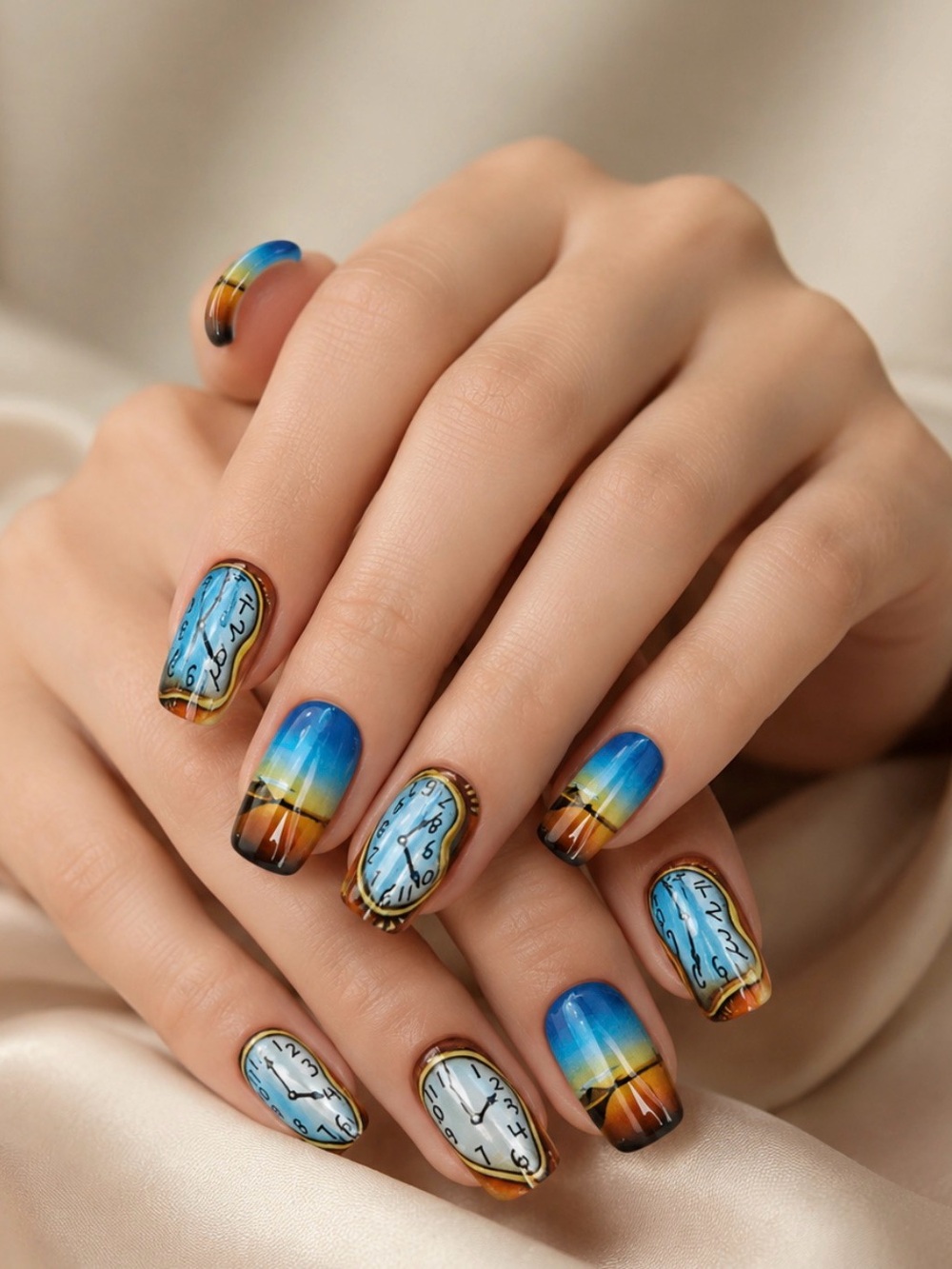 Artistic Blue Gradient Nail Wraps with Sunset Accent